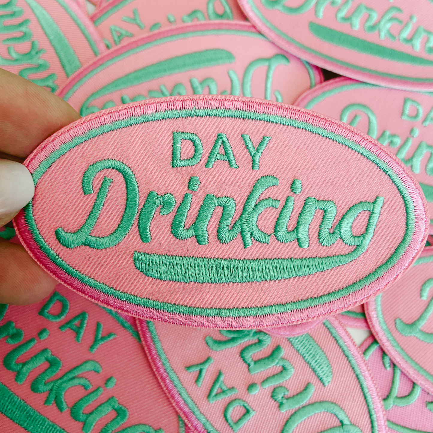 Day Drinking in Pink and Teal  -  Embroidered Hat Patch