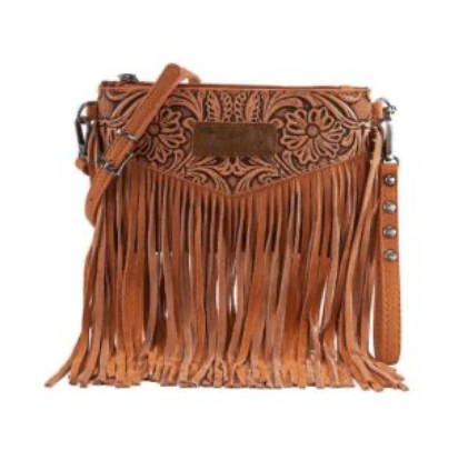 Wrangler Vintage Floral Tooled Collection Fringe crossbody: Beige