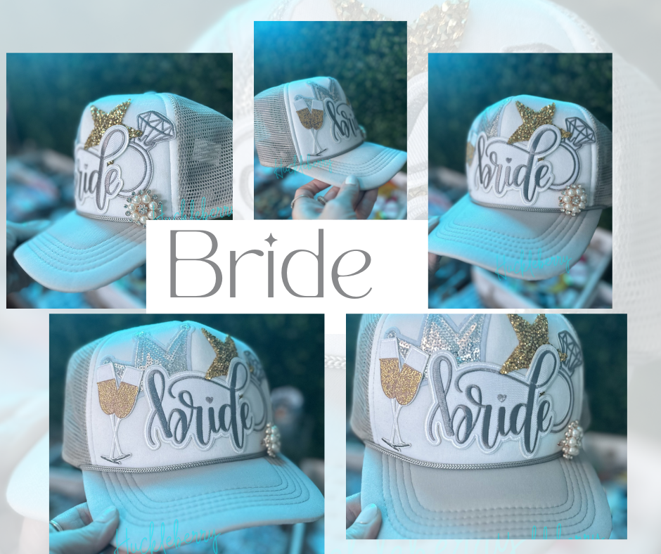 Gray/White Trucker with patches: Bride, diamond engagement ring, gold star, Bride, champagne toast, silver sequin crown, brooch  bridal gift