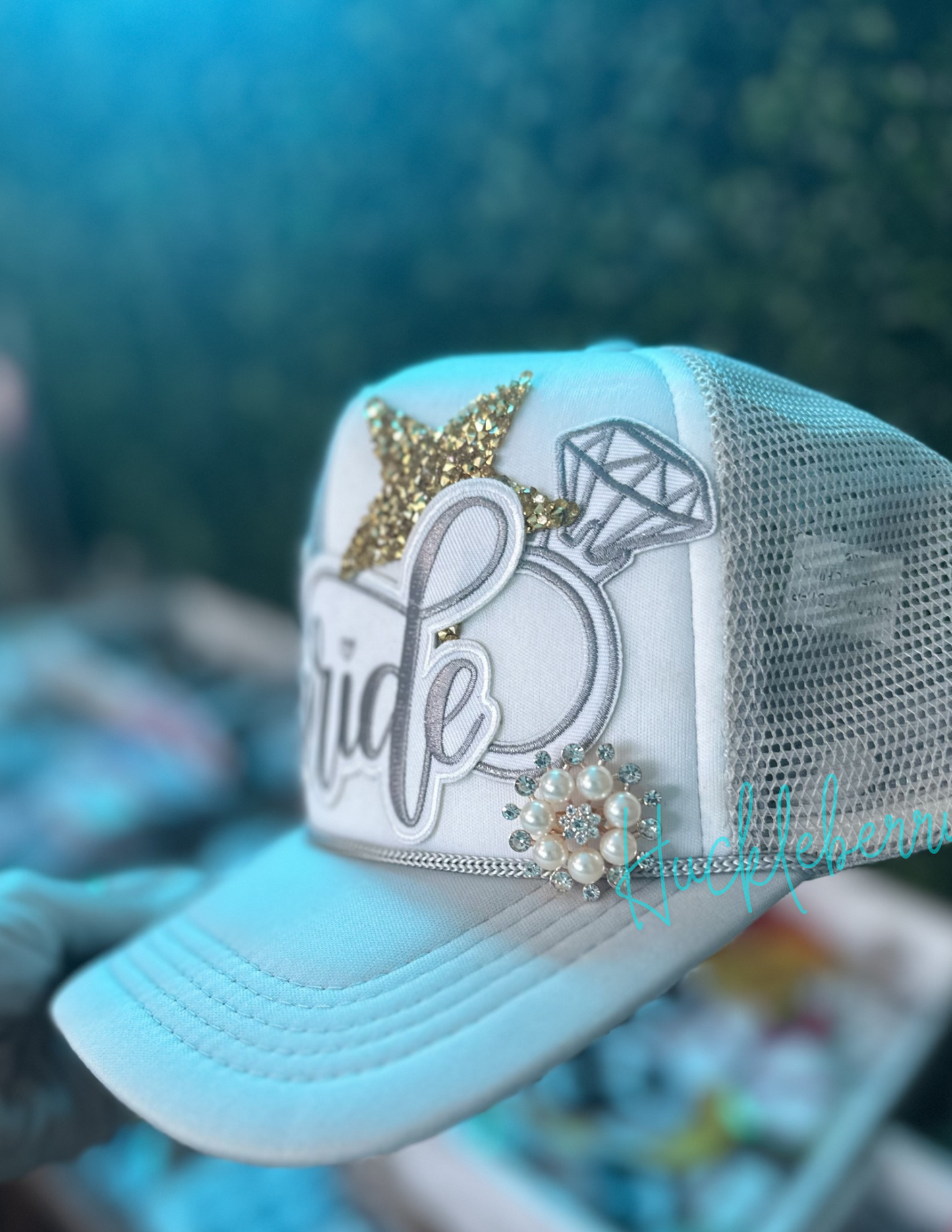 Gray/White Trucker with patches: Bride, diamond engagement ring, gold star, Bride, champagne toast, silver sequin crown, brooch  bridal gift