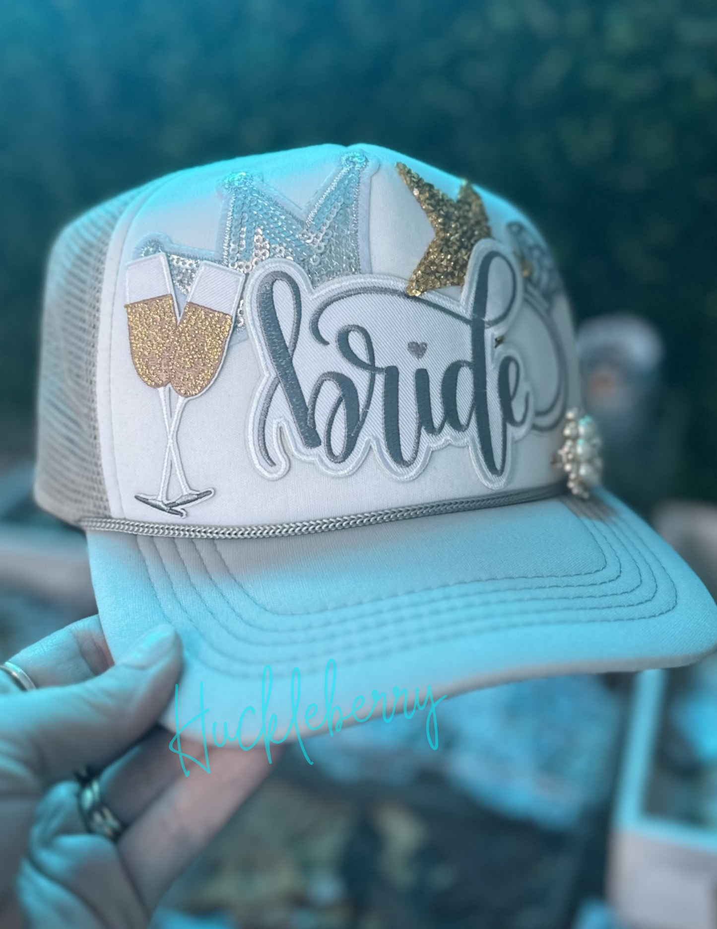 Gray/White Trucker with patches: Bride, diamond engagement ring, gold star, Bride, champagne toast, silver sequin crown, brooch  bridal gift