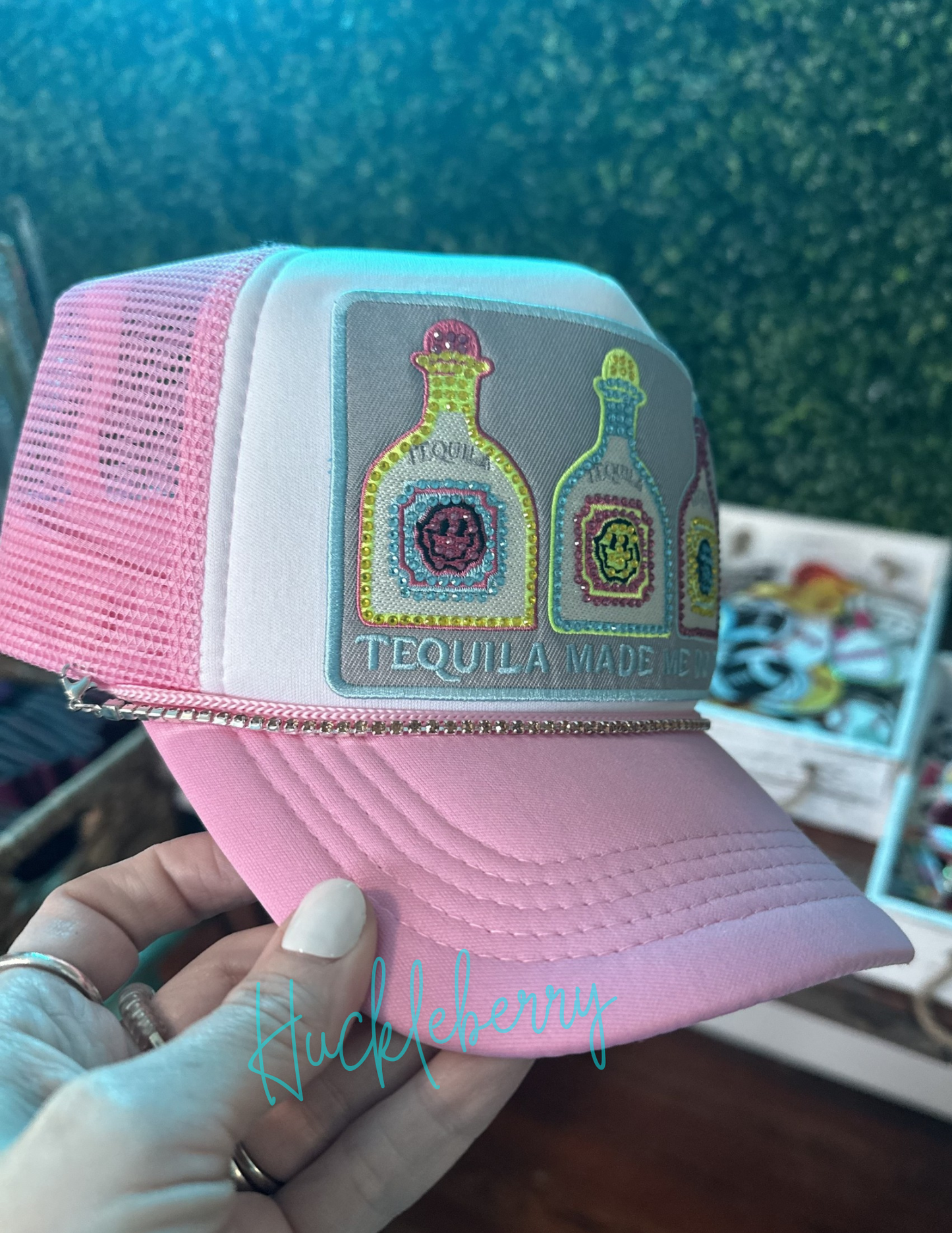 Tequila Made Me Do It...extra large bling trucker patch hat with rhinestone hat chain