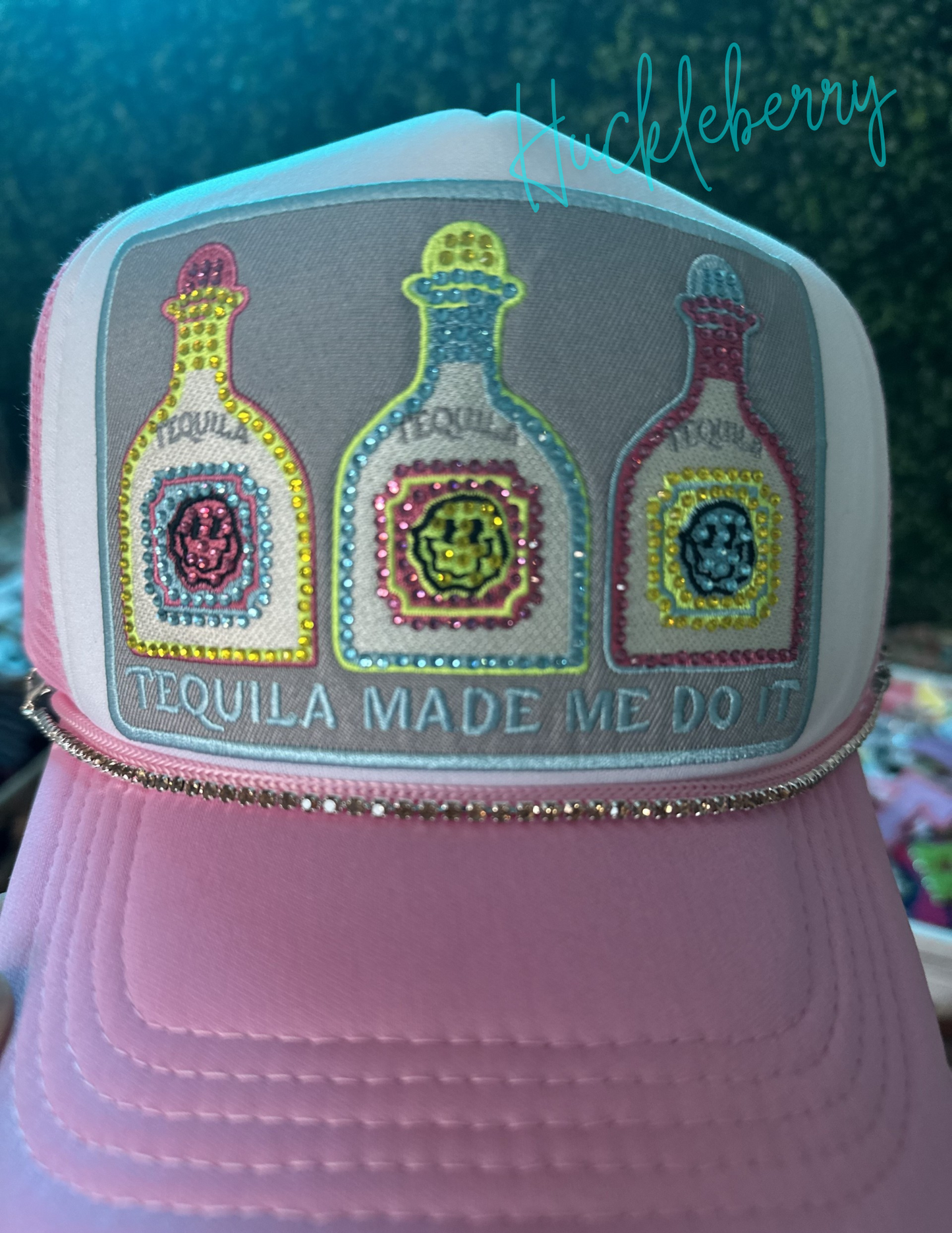 Tequila Made Me Do It...extra large bling trucker patch hat with rhinestone hat chain