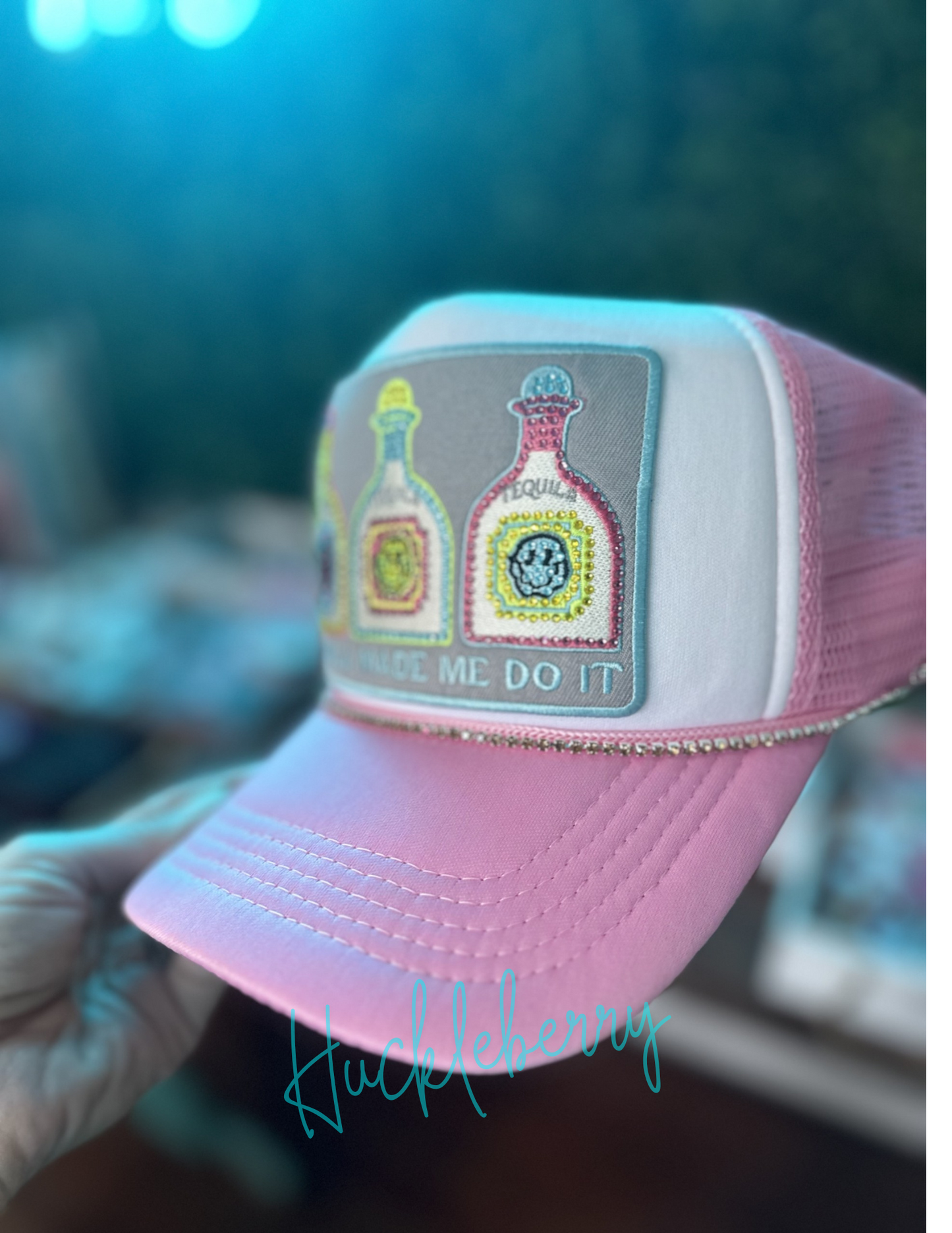 Tequila Made Me Do It...extra large bling trucker patch hat with rhinestone hat chain