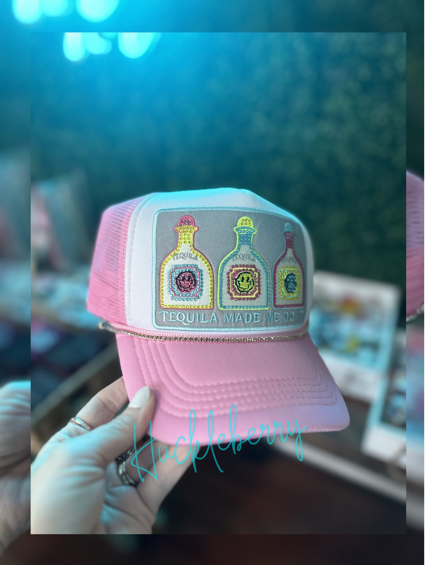 Tequila Made Me Do It...extra large bling trucker patch hat with rhinestone hat chain