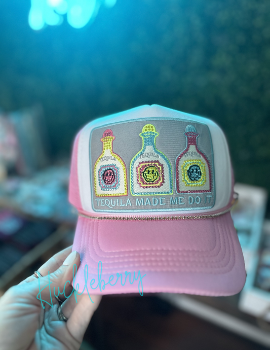 Tequila Made Me Do It...extra large bling trucker patch hat with rhinestone hat chain