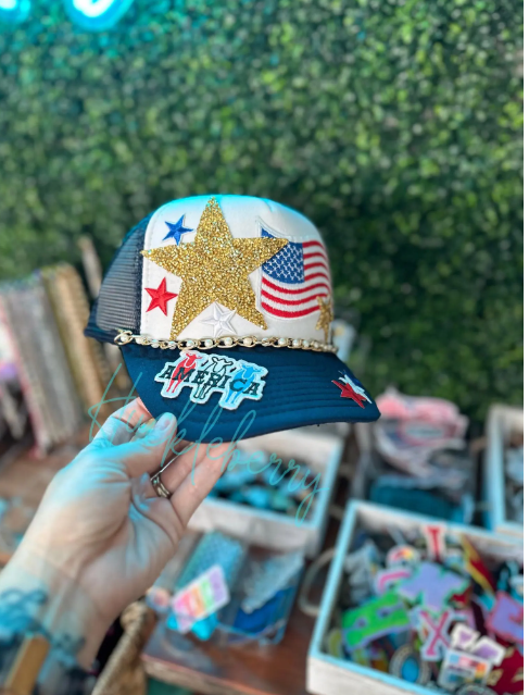 USA America Trucker Hat with Chain - Independence Day, 4th of July, Red White Blue