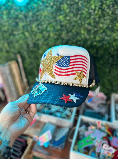 USA America Trucker Hat with Chain - Independence Day, 4th of July, Red White Blue