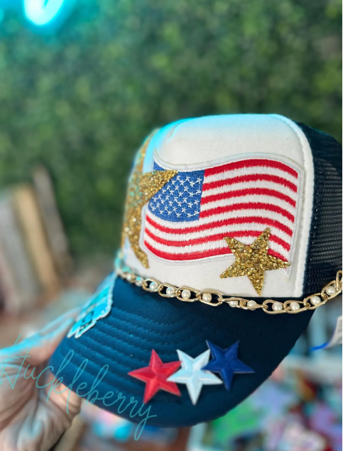 USA America Trucker Hat with Chain - Independence Day, 4th of July, Red White Blue