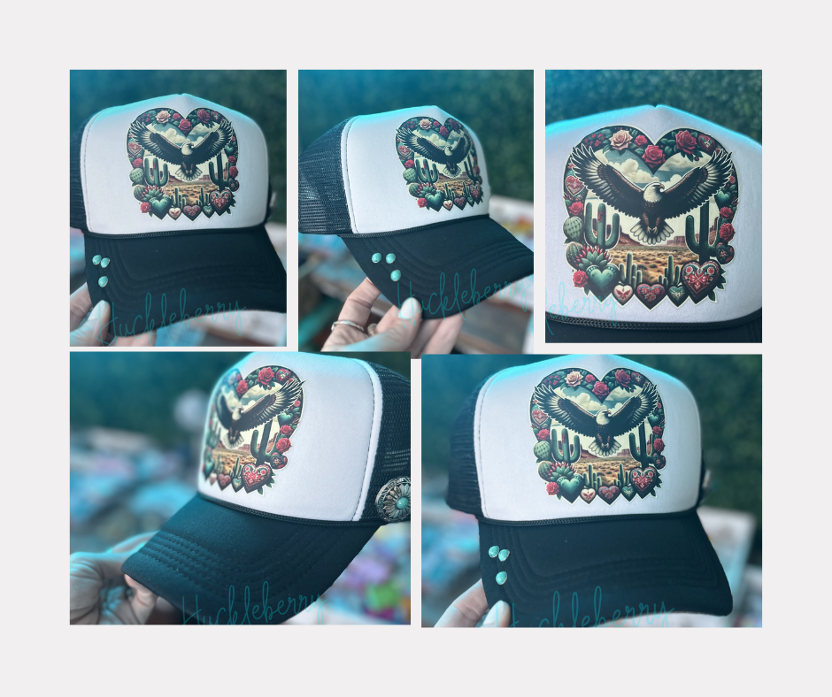 Trucker with Eagle soaring in a western scene. Accented with 3 turquoise rivets and 1 concho