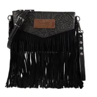 Wrangler Vintage Floral Tooled Collection Fringe crossbody: Black