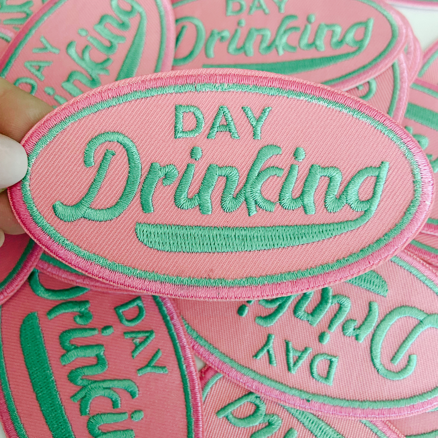 Day Drinking in Pink and Teal  -  Embroidered Hat Patch