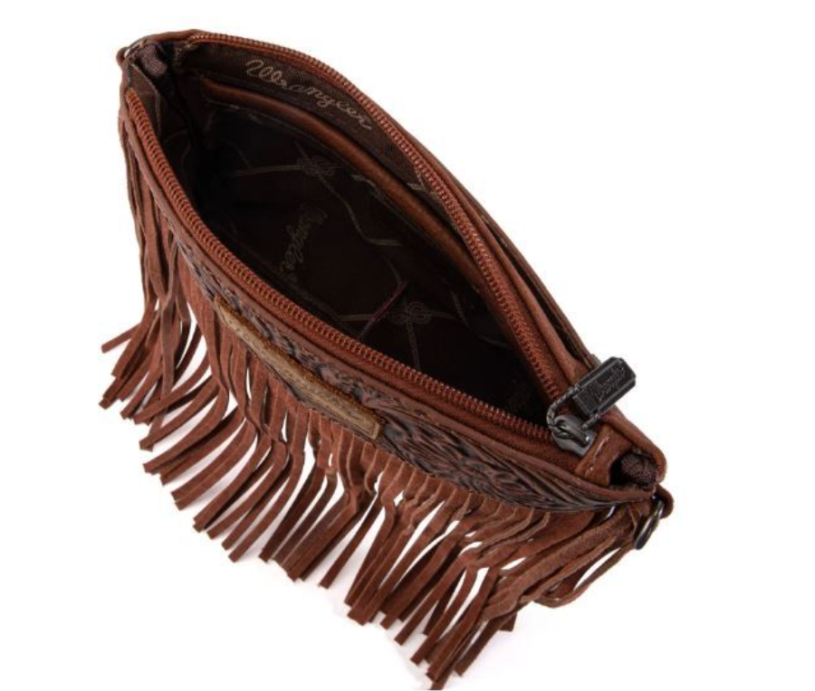 Wrangler Vintage Floral Tooled Collection Fringe crossbody: Beige